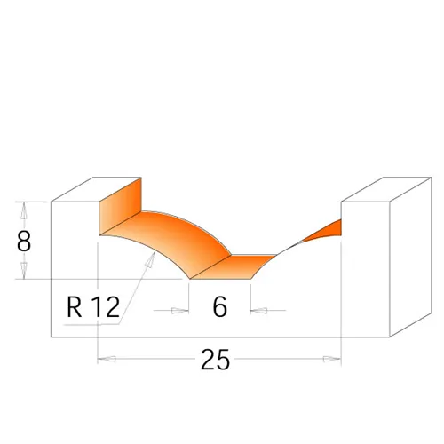 CMT Čelní fréza na výplně dvířek - D25 d2=6 I6 R12 S=8