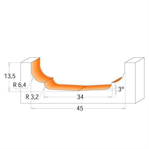 CMT Čelní fréza na výplně dvířek - D45 d2=34 I13,5 R3,2-6,4 S=12