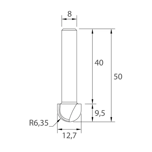 IGM M114 Čelní vypouklá fréza - R6,35 D12,7x9,5 L50 S=8 HW