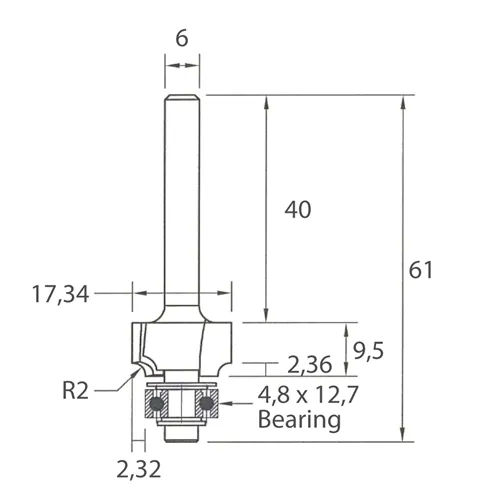 IGM M138 Zaoblovací fréza vydutá - R2 D17,34x9,5 L61 S=6 HW