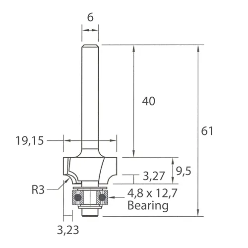 IGM M138 Zaoblovací fréza vydutá - R3 D19,15x9,5 L61 S=6 HW