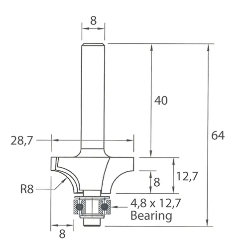 IGM M138 Zaoblovací fréza vydutá - R8 D28,7x12,7 L64 S=8 HW