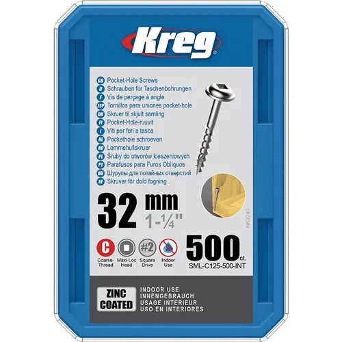 Kreg Zinc Maxi-Loc Šrouby pro skryté spoje - 32 mm, hrubý závit, 500 ks